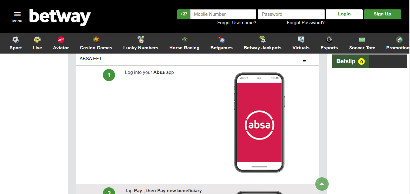 Betway South Africa ABSA EFT Deposit