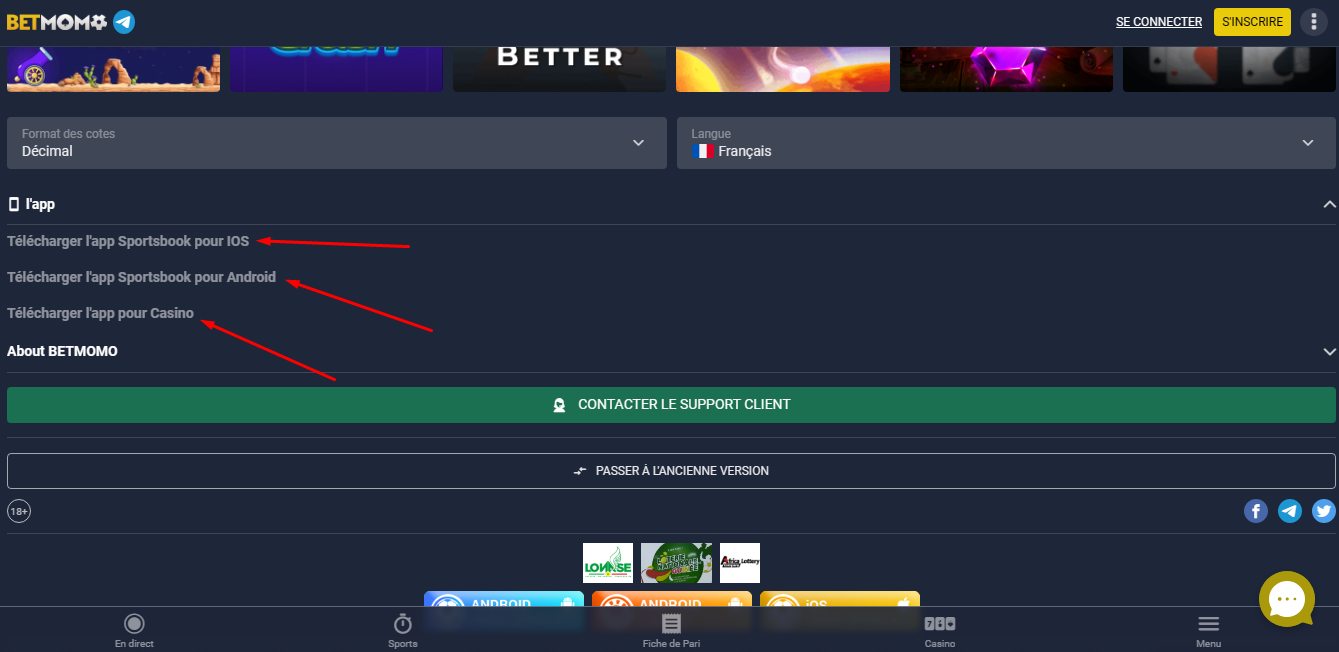 Téléchargement de l'application Betmomo