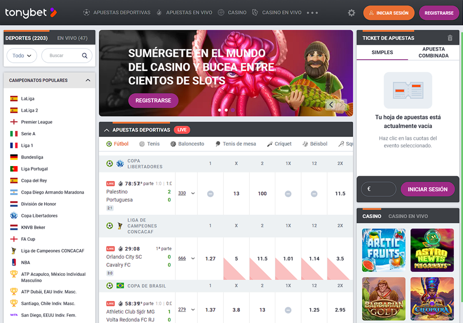 Página principal del sitio web Tonybet en España