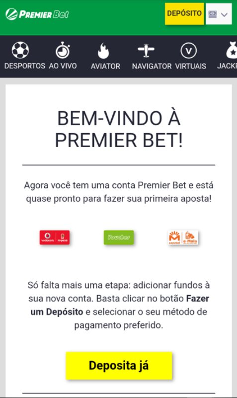 Primeira página após o primeiro login na aplicação da Premier Bet