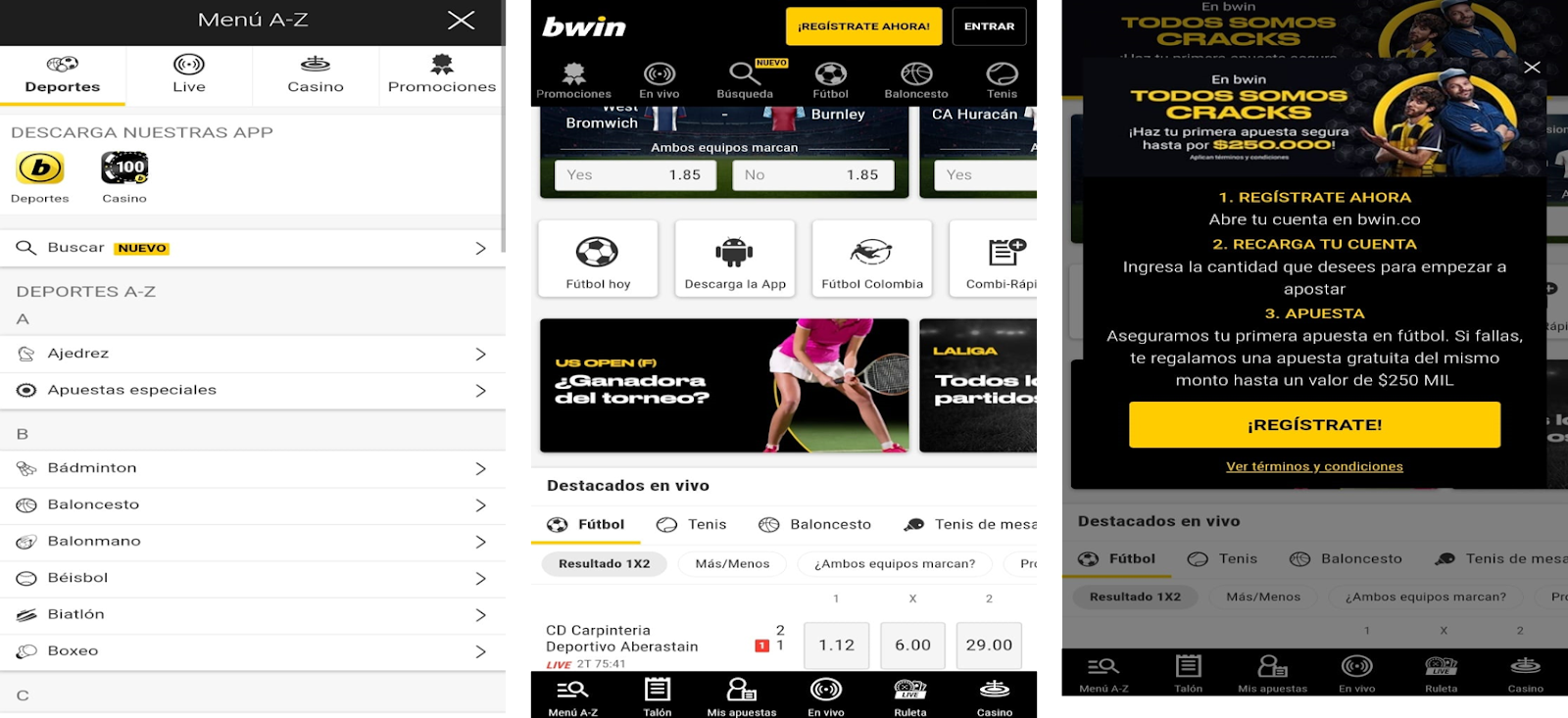 Bwin versión móvil, menú A-Z, imagen principal, promo de bienvenida