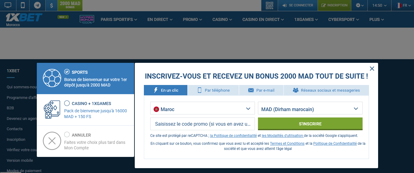 Image de la page du formulaire d'inscription 1xBet Maroc