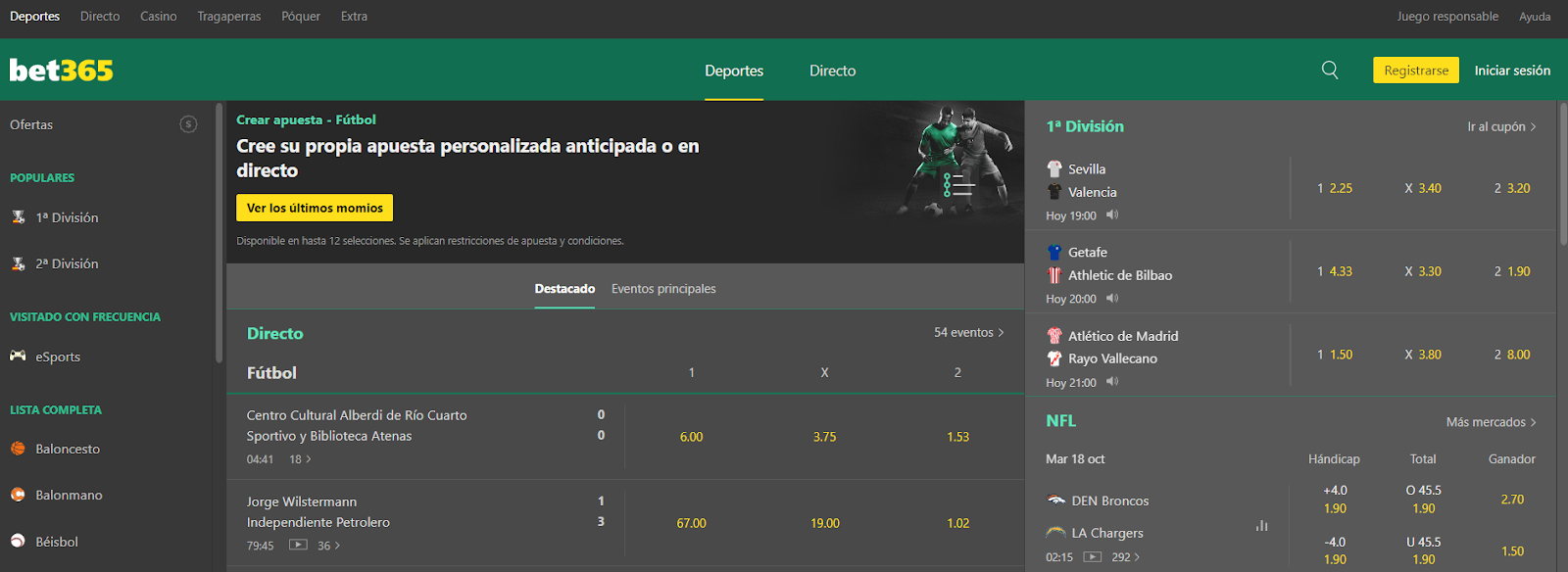 Imagen de la pantalla principal de la casa de apuestas Bet365