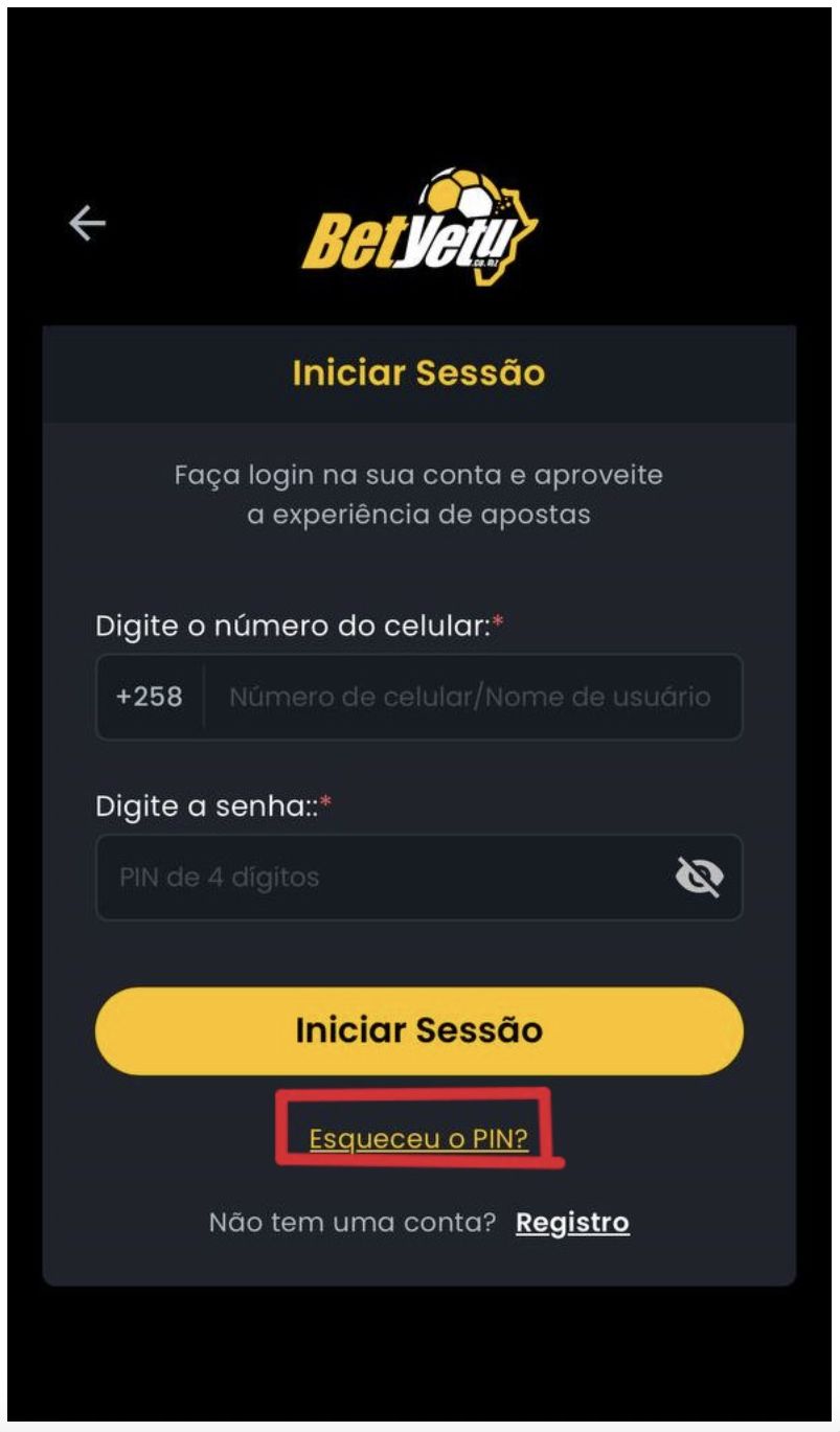 Clicar em &quot;esqueceu o pin?&quot; na página de Início de Sessão da BetYetu Moçambique