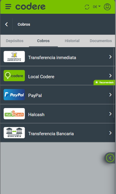 ingresar saldo en la app codere 