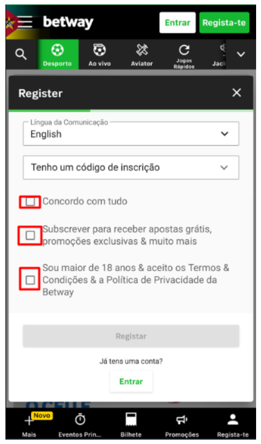 Registo na Betway Moçambique, Passo 5