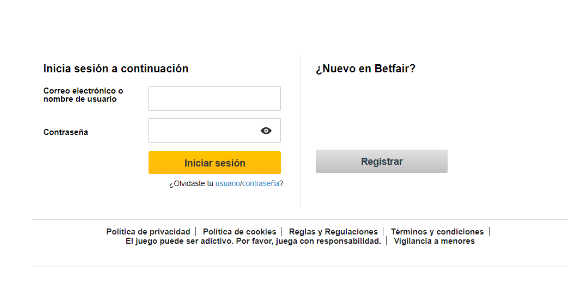 Betfair página de inicio de sesión