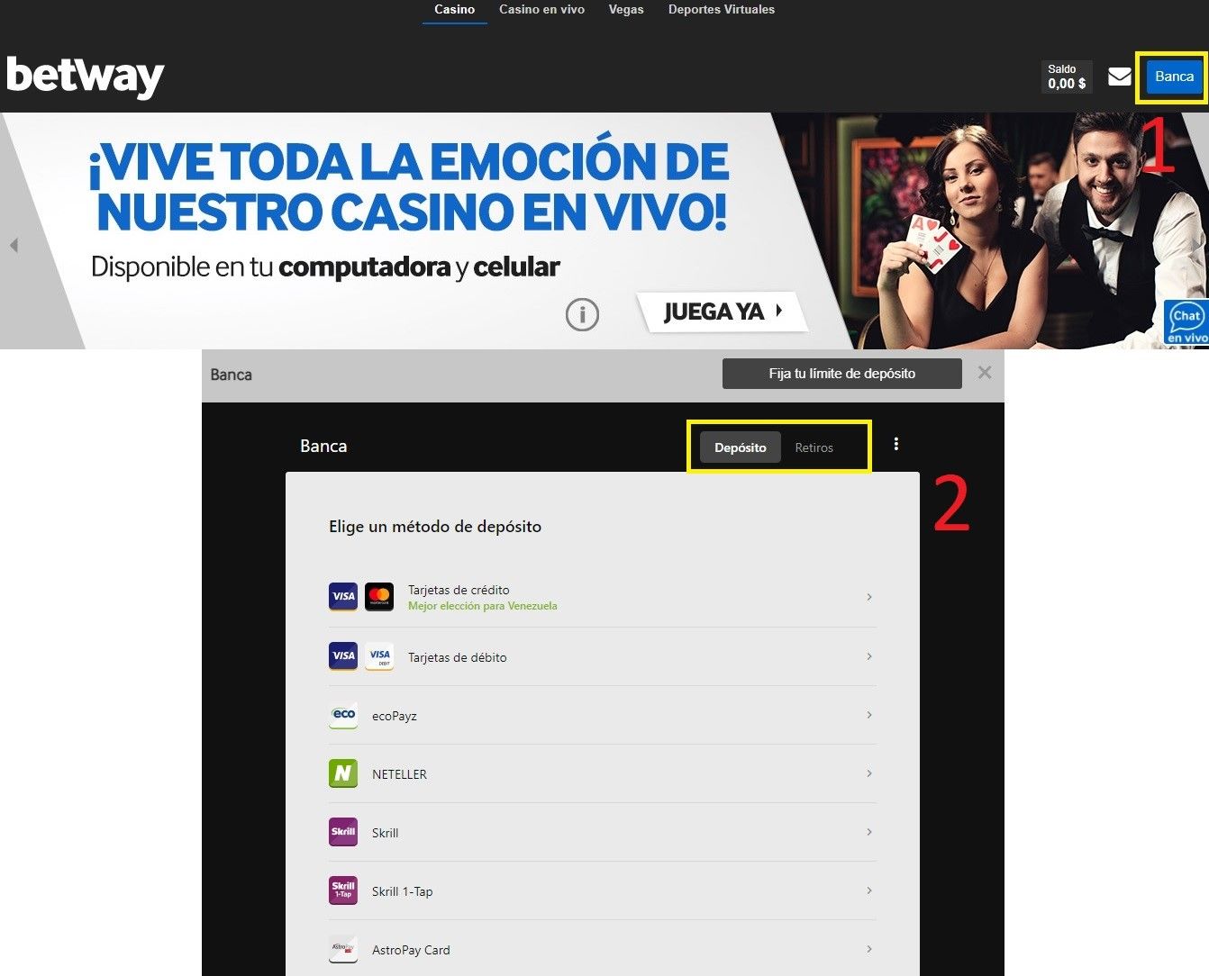 Métodos de pago en Betway