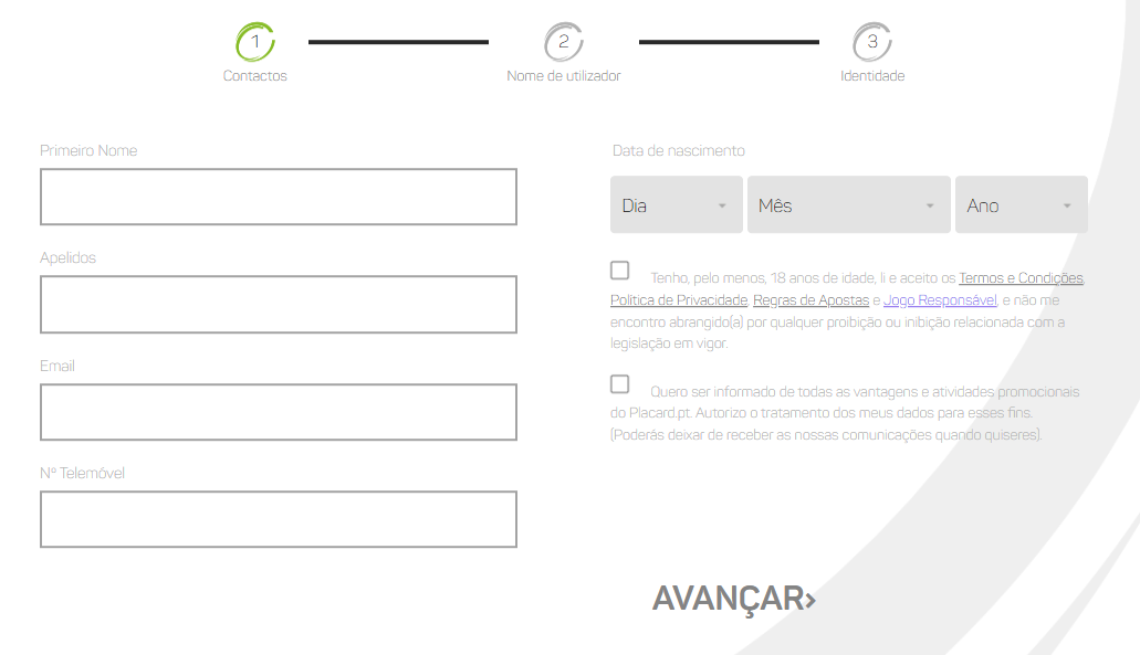 Placard.pt sportsbook registration pop-up window