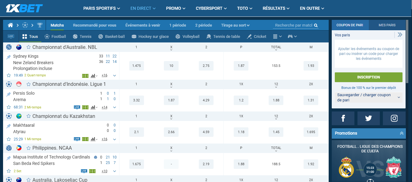 Paris en Direct et Streaming en Direct des Paris Sportifs de 1xBet