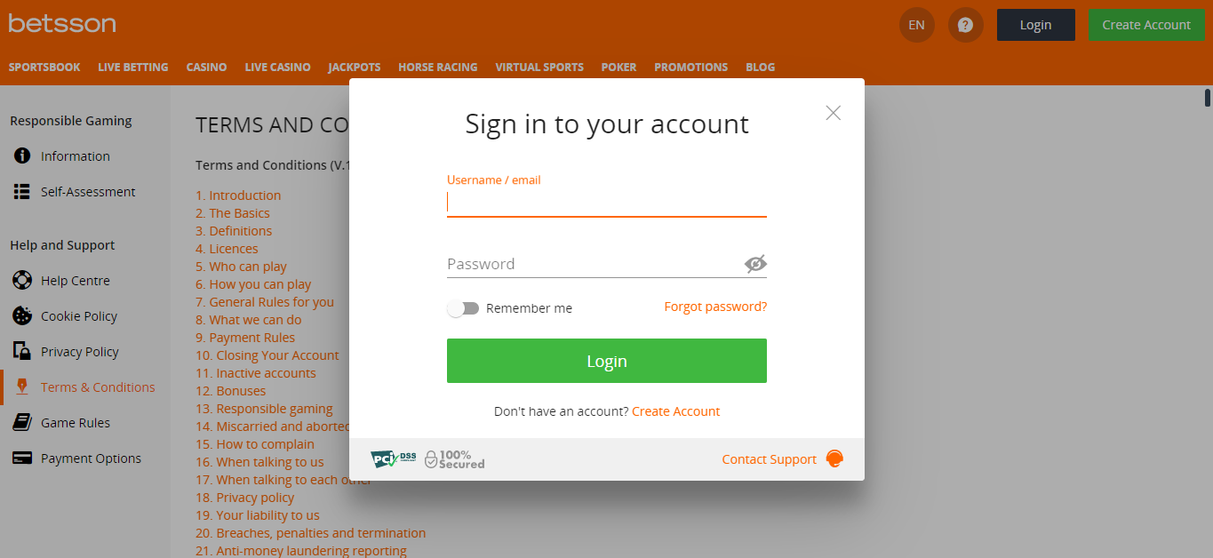 Betsson login page