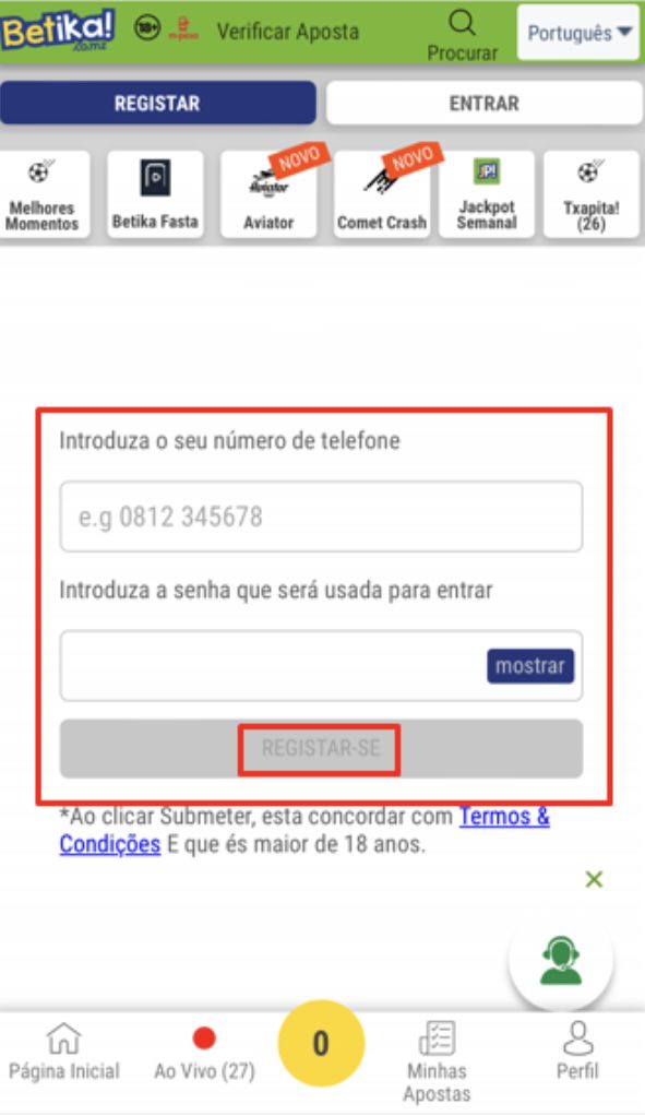 Dados de acesso para registo na versão mobile