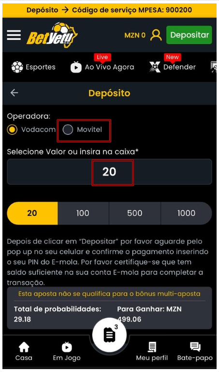alor do depósito na versão móvel da BetYetu Moçambique