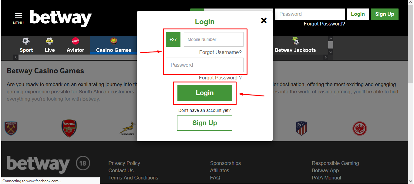 Image Of Betway Aviator Login Form