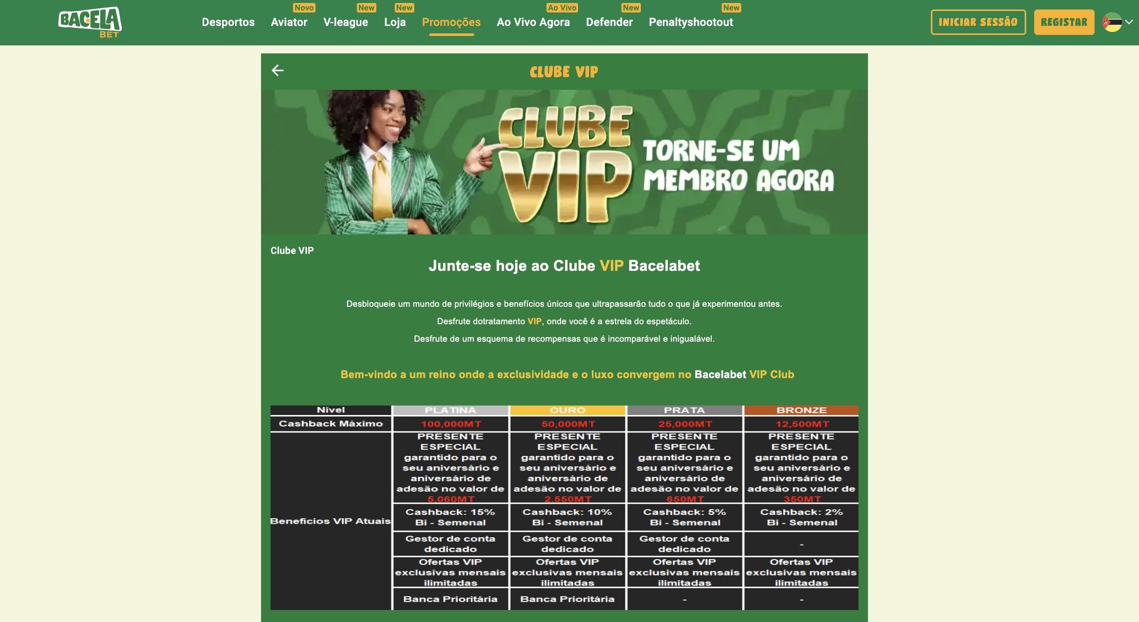 Página de promoção da casa de apostas Bacelabet Moçambique