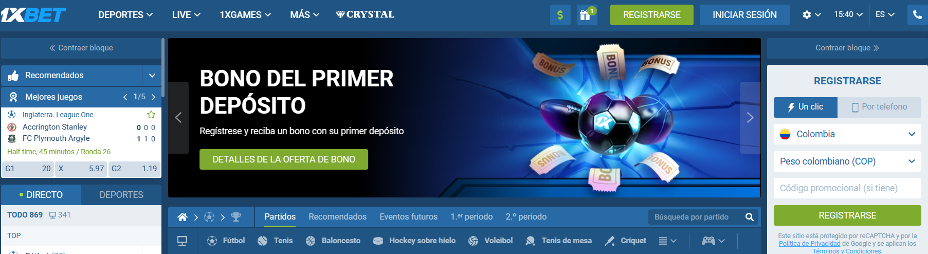 Pantalla de las promociones de 1xBet en la versión web