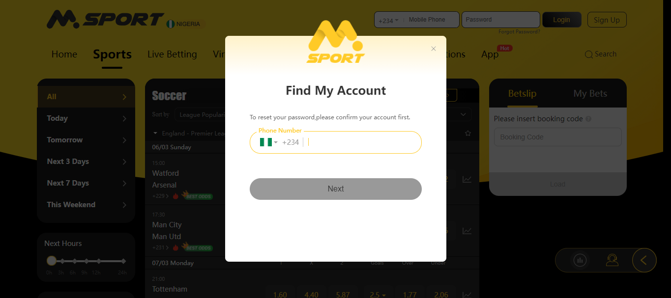 msport website forgot password section