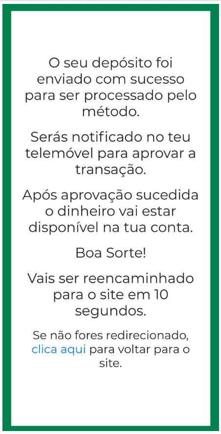 Mensagem de confirmação de depósito da Premier Bet Moçambique