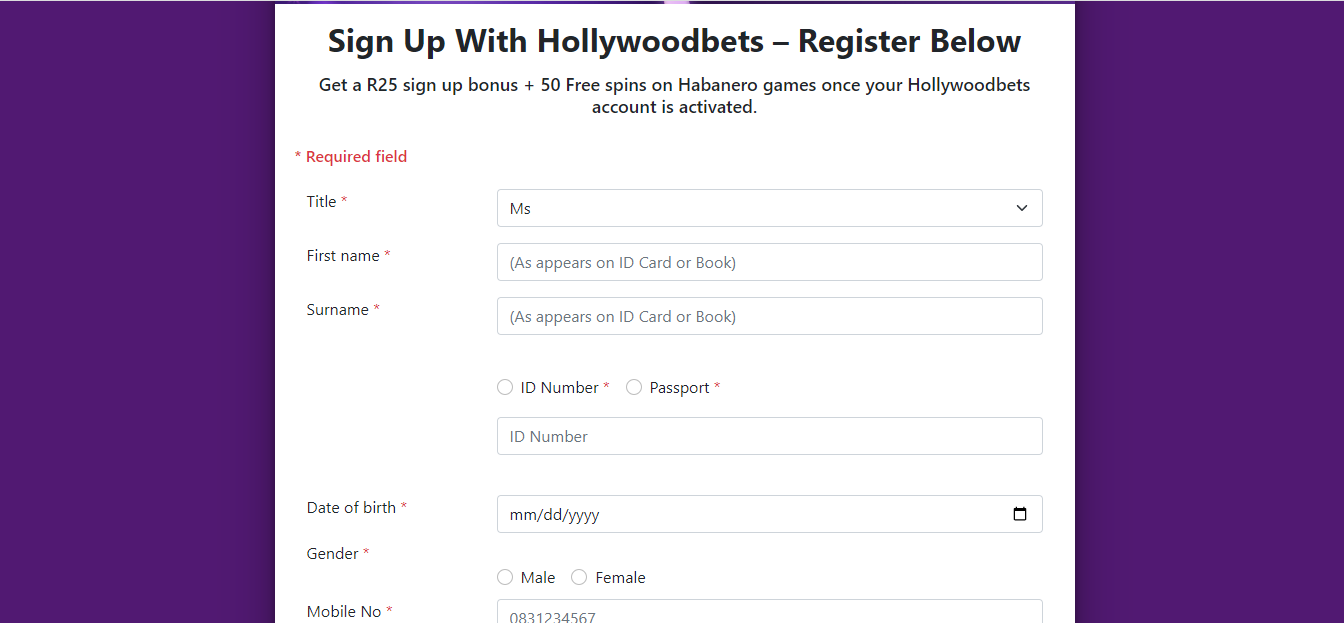 Image of Hollywoodbets sign-up form