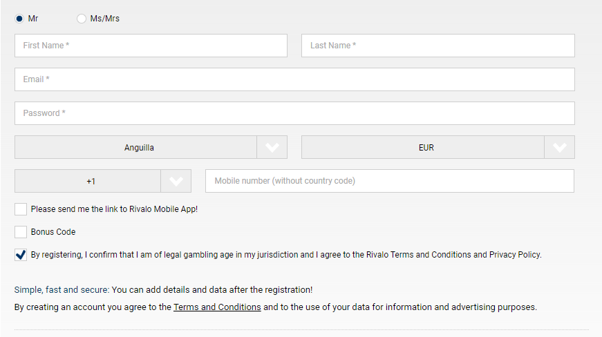 An image of the Rivalo sportsbook sign up form