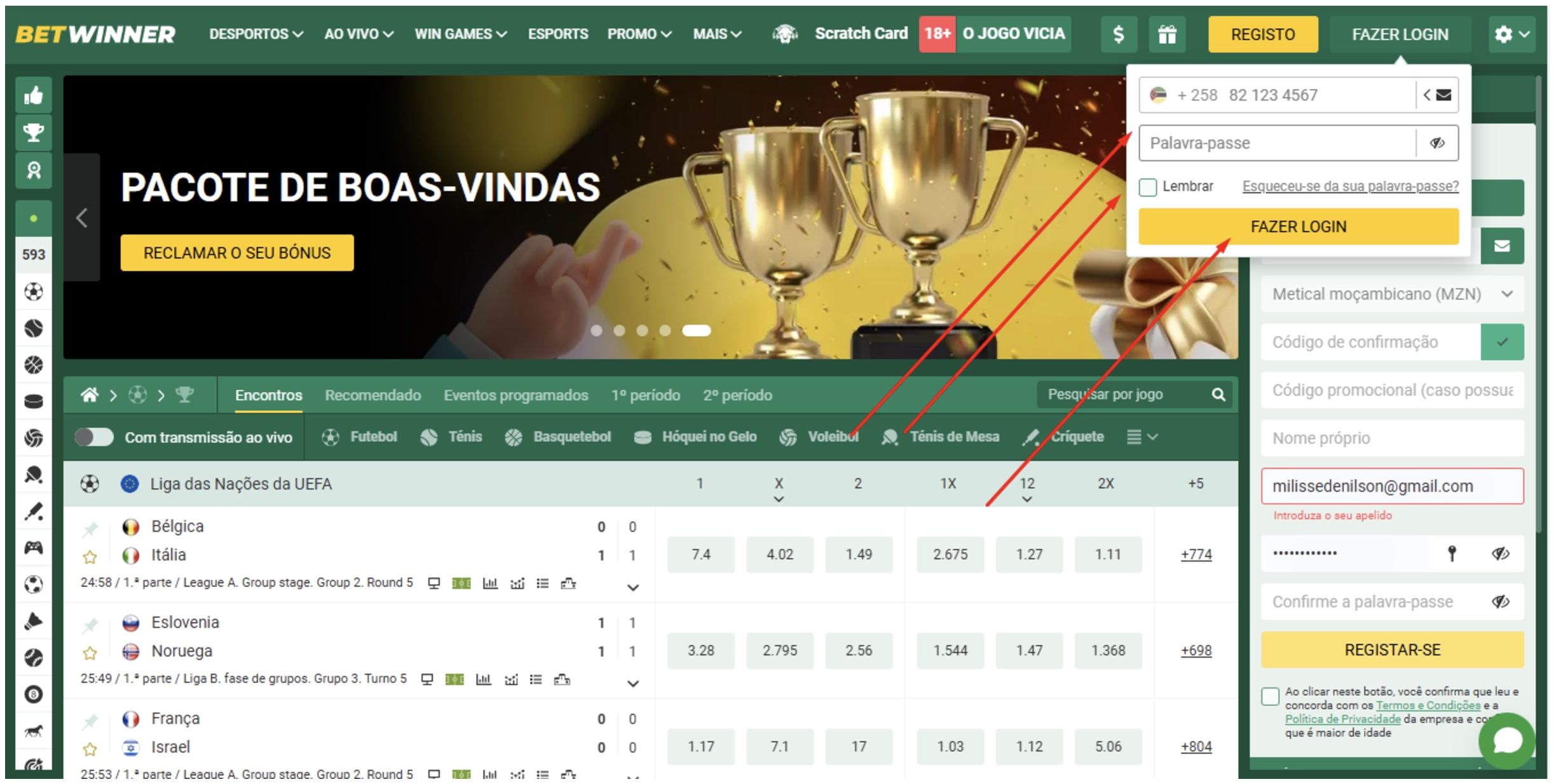 Dados para acesso à conta BetWinner