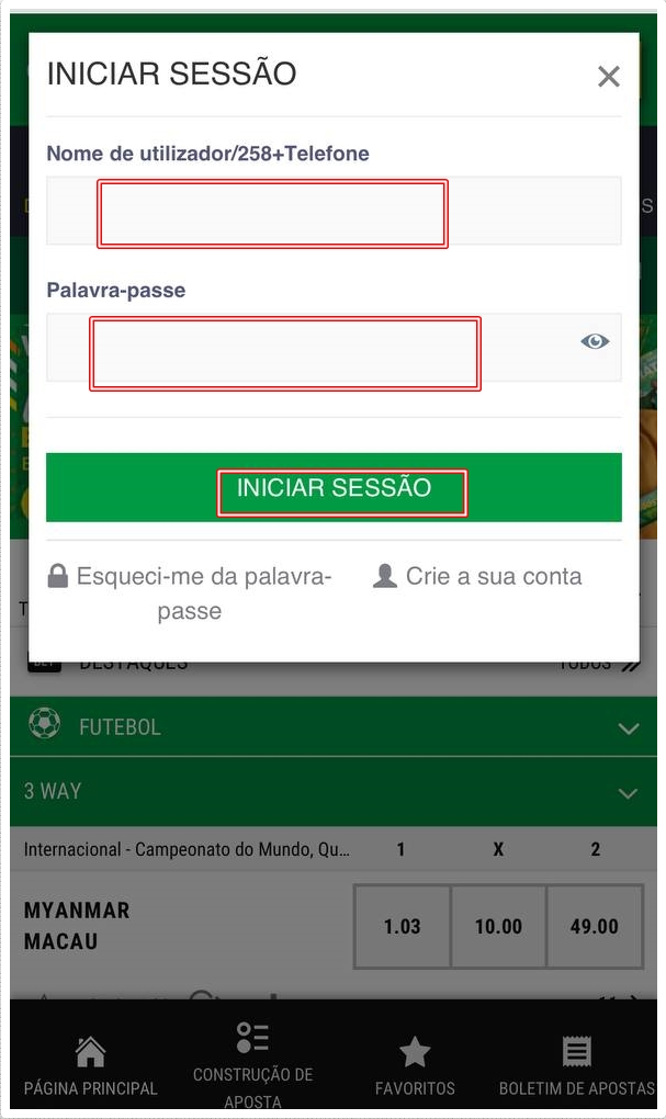 Página de Login da Premier Bet Moçambique