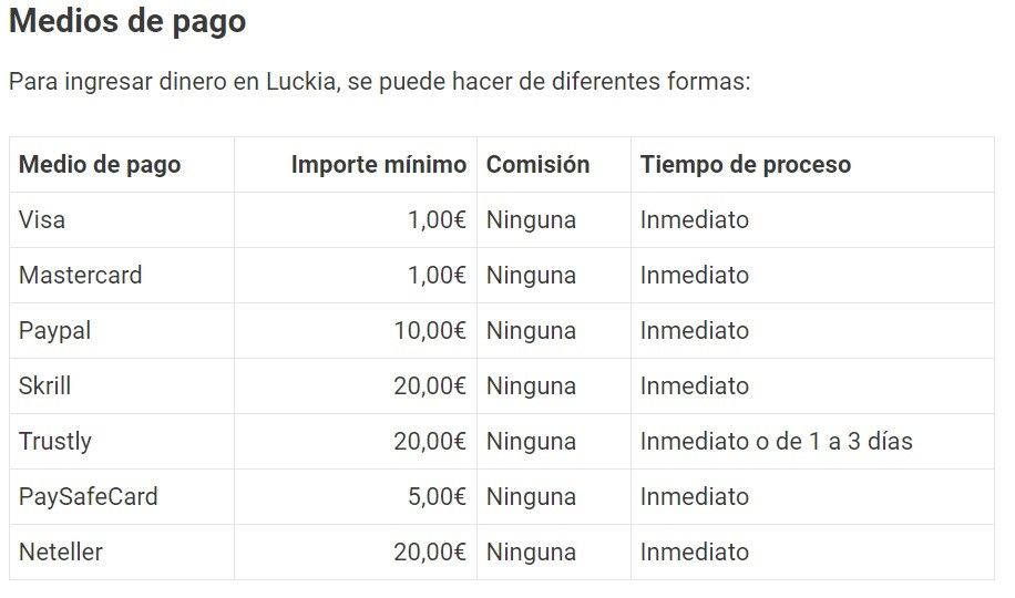 Métodos de depósito de Luckia