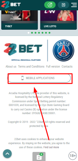 22Bet app download page