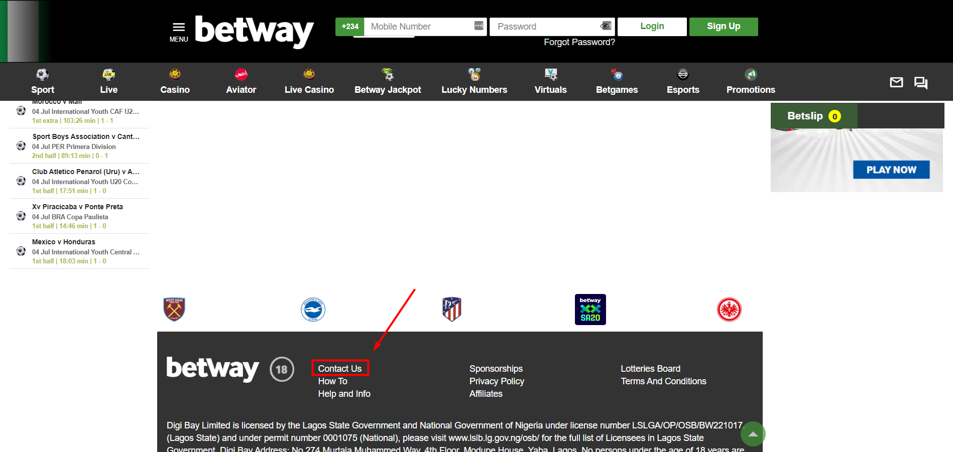 Betway Customer Support page