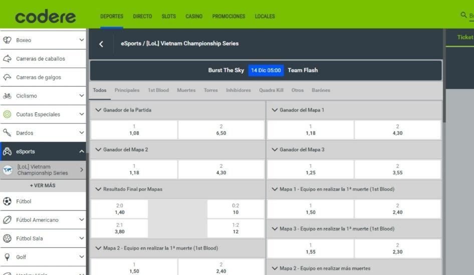 Página de los distintos tipos de apuestas de Codere eSports