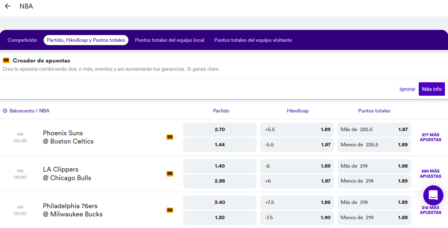 listado de eventos de baloncesto para apostar en casumo