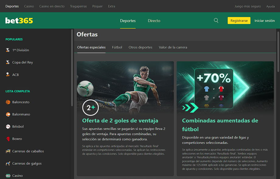 Página de inicio de la casa de apuestas Bet365 en España