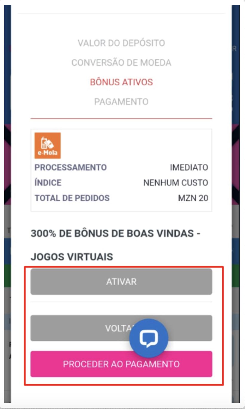 Se tiver algum bónus ativo, pode clicar em “ativar” antes de proceder ao pagamento. Caso contrário, basta apenas proceder ao pagamento.