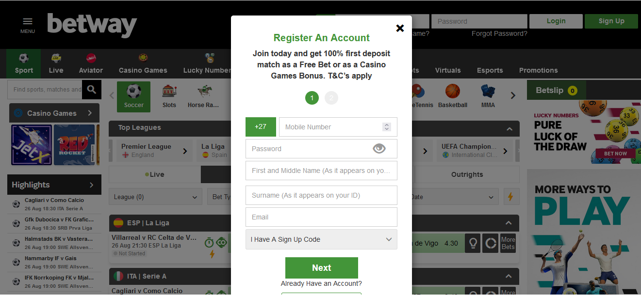 Image of Betway SA Register Account Form