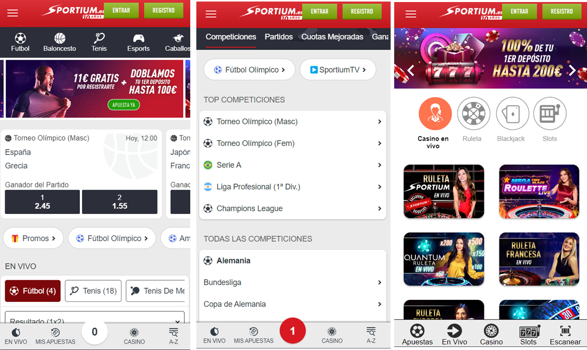 Tres screenshots de sportium app descargar desde los menús de apuestas deportivas y casino