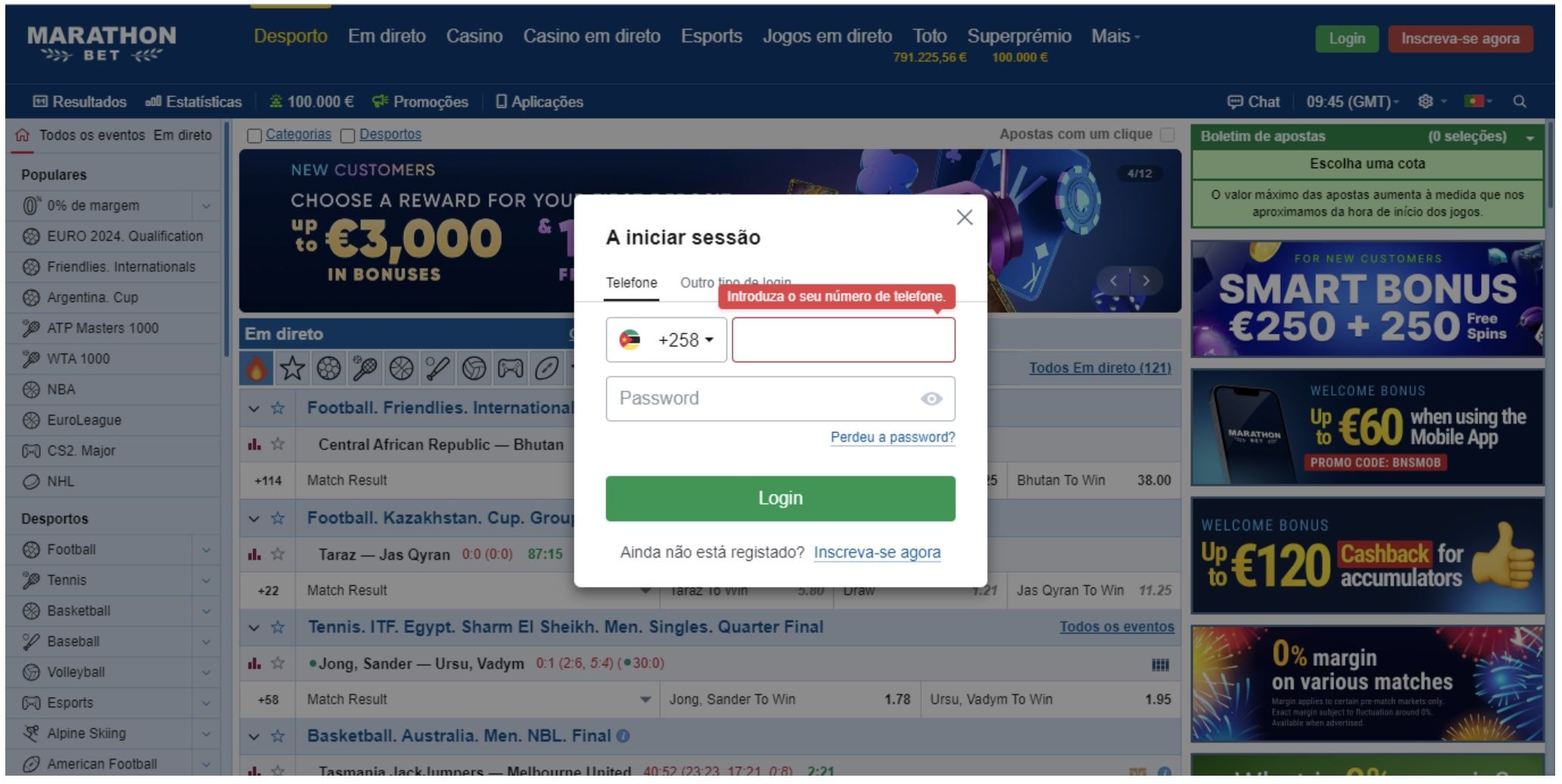 Login no site de apostas da Marathonbet Moçambique 