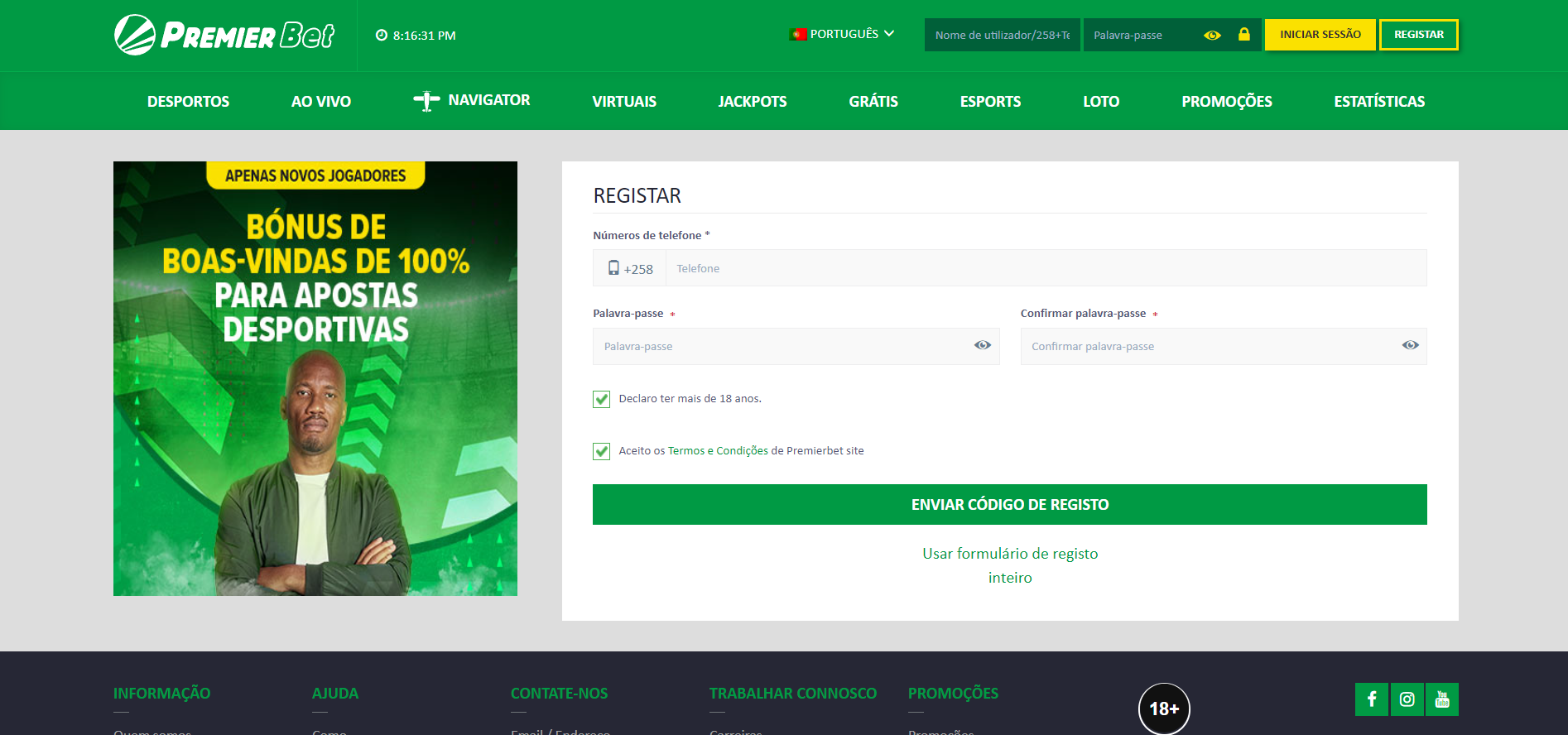 Registo de conta na Premier Bet