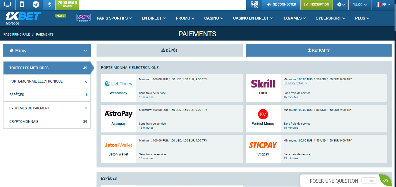 Options bancaires de 1xBet