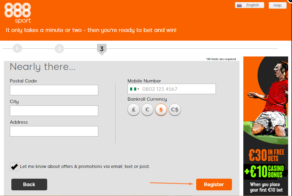 An image of the 888Sports sportsbook sign up form 3