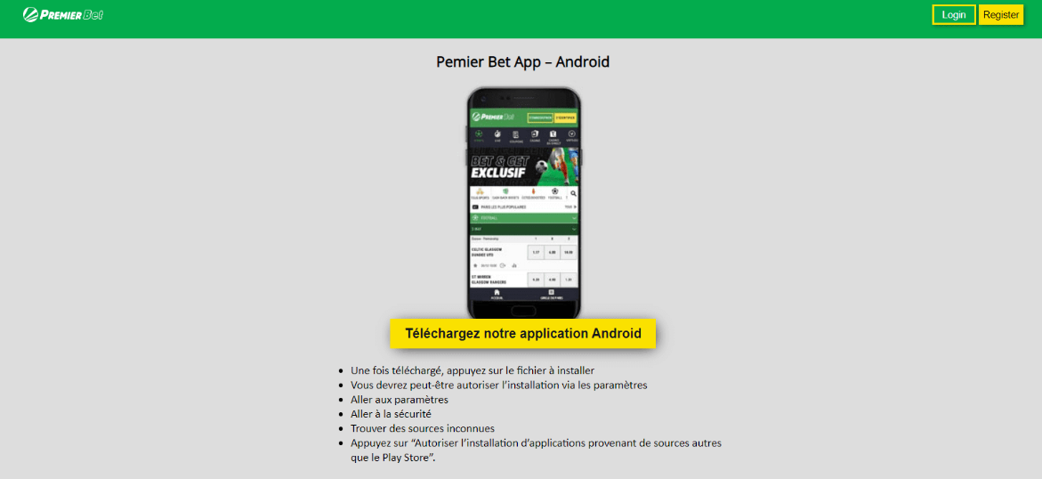 Image de la page de téléchargement de Premier Bet CI application