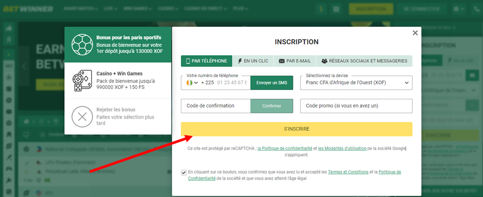Image de l’étape finale de l’inscription sur  Betwinner Côte d’ivoire