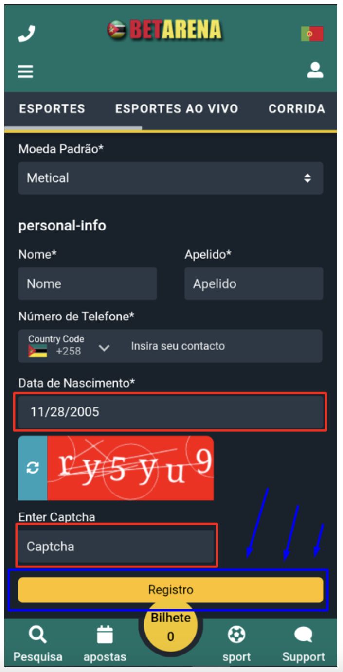 Registo na BetArena via mobile, passo final