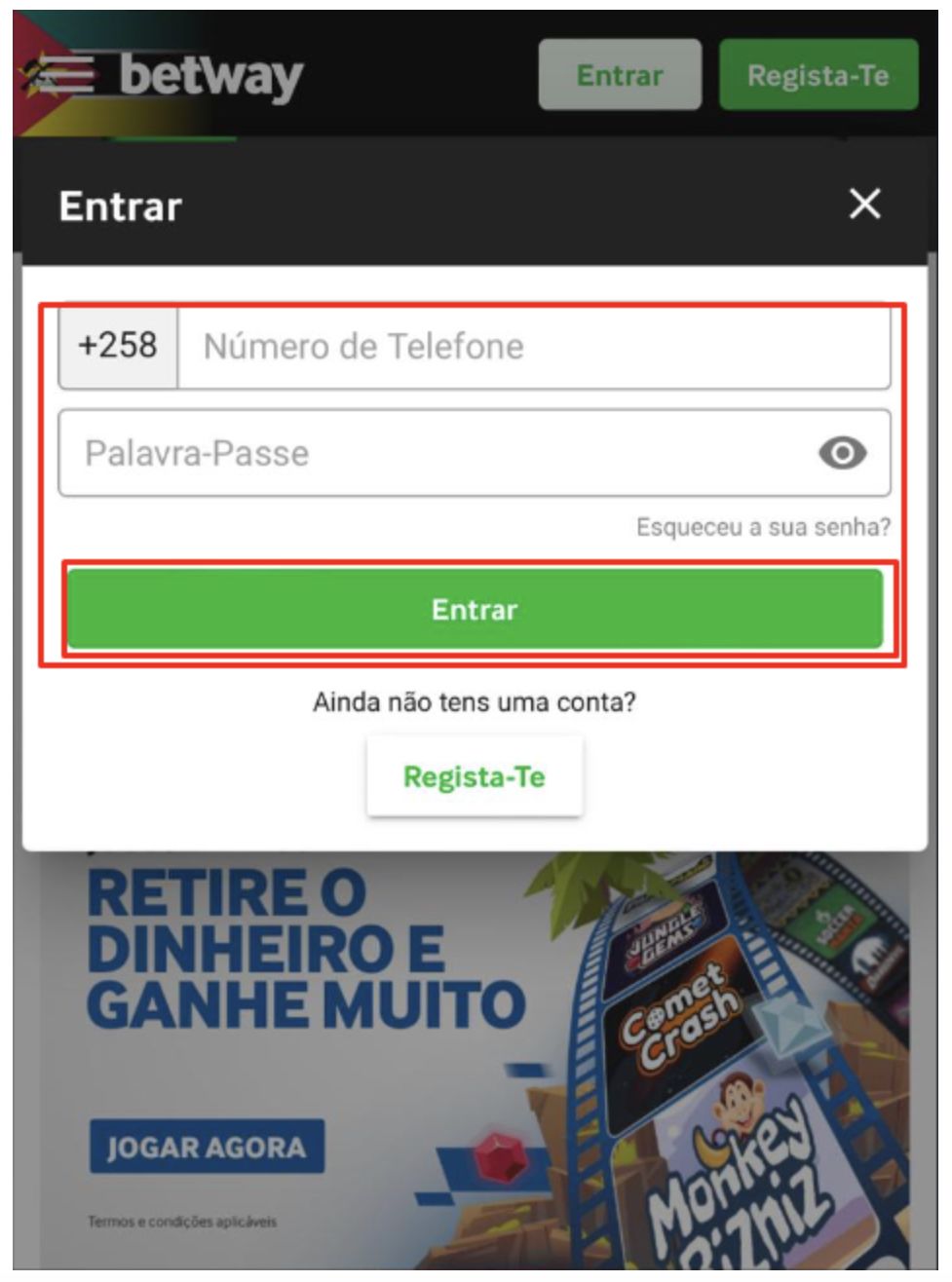  Inserir os dados para login na Betway mobile