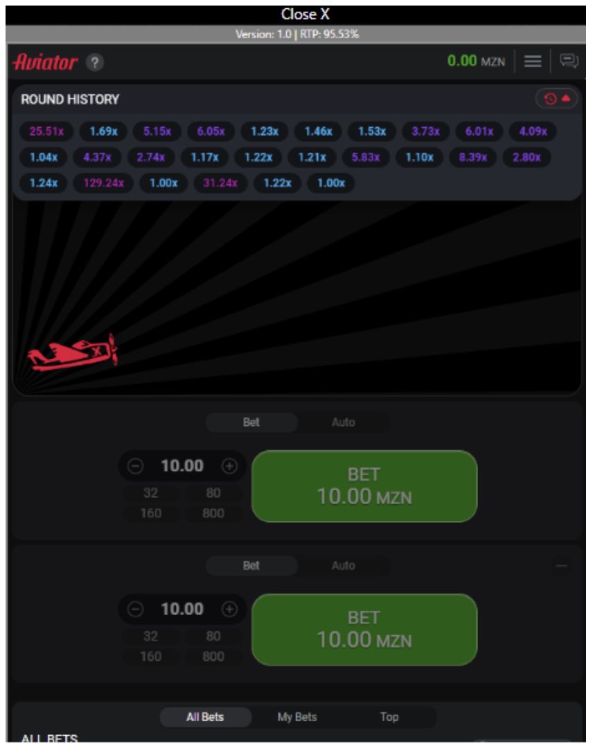  Histórico de multiplicadores finais em rodadas do jogo Aviator na eBet mobile 