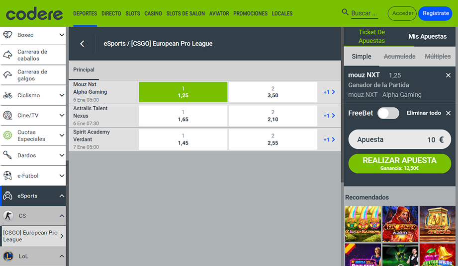 Sección de apuestas a eSports de Codere