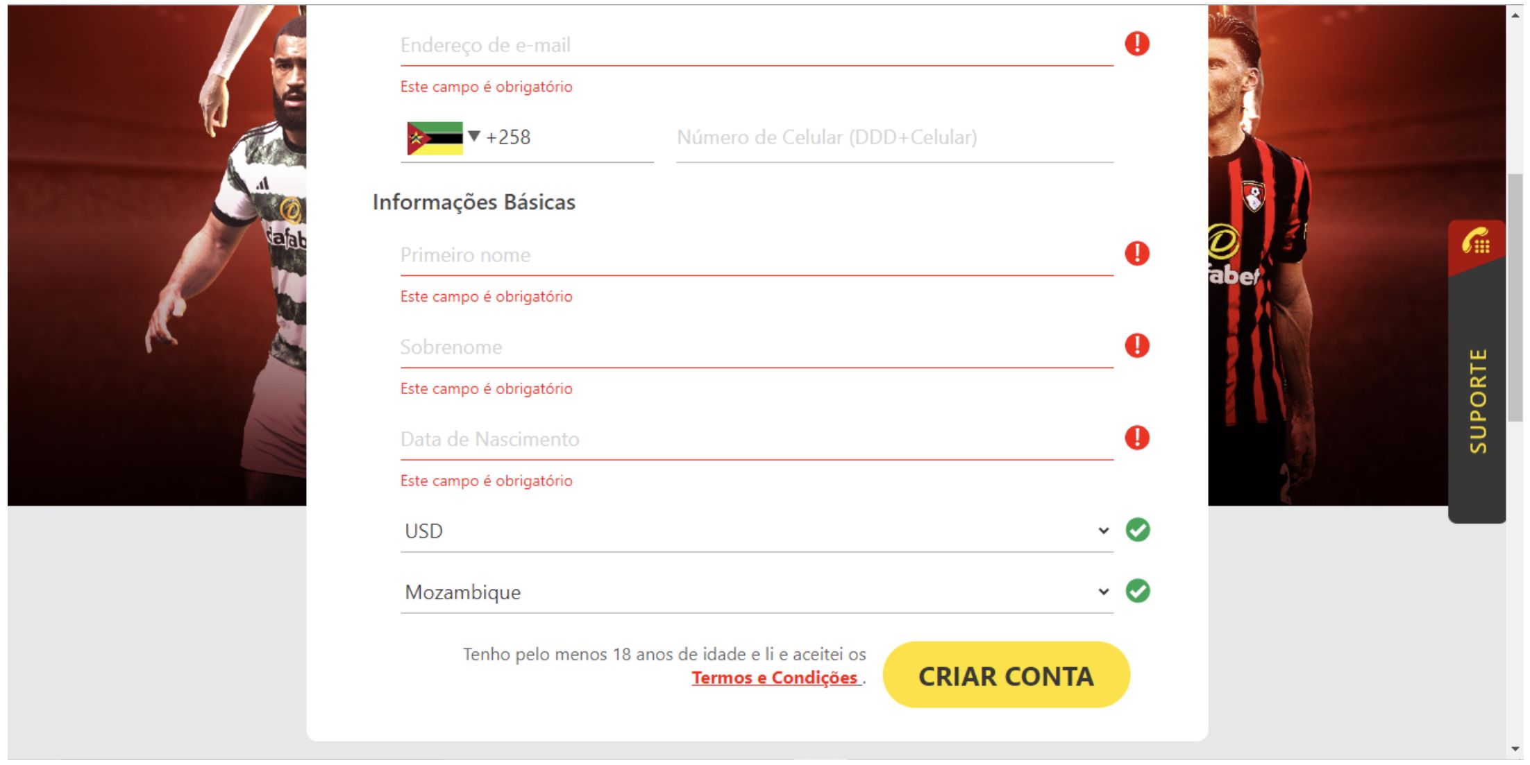  Registro no site de apostas da Dafabet Moçambique 