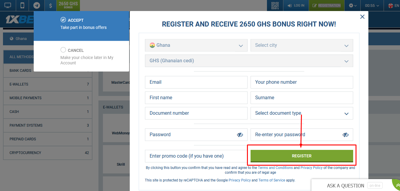 Image of the 1xBet Ghana complete register page