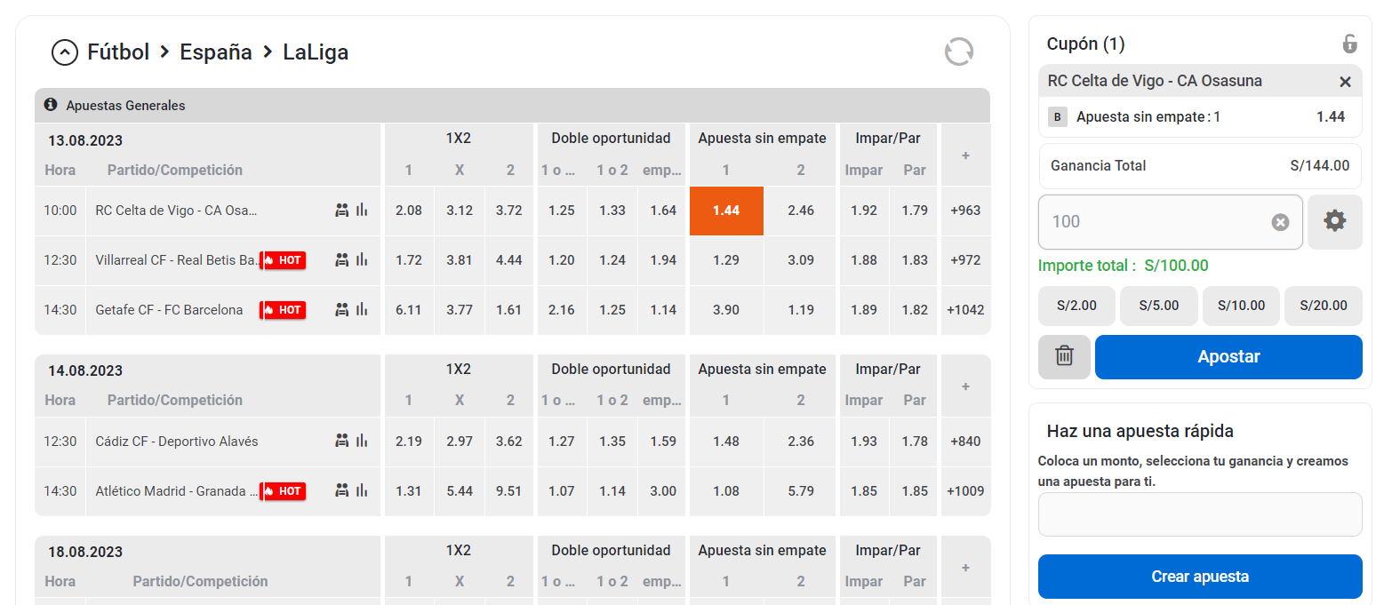 detalle de las apuestas en deporte de Te Apuesto