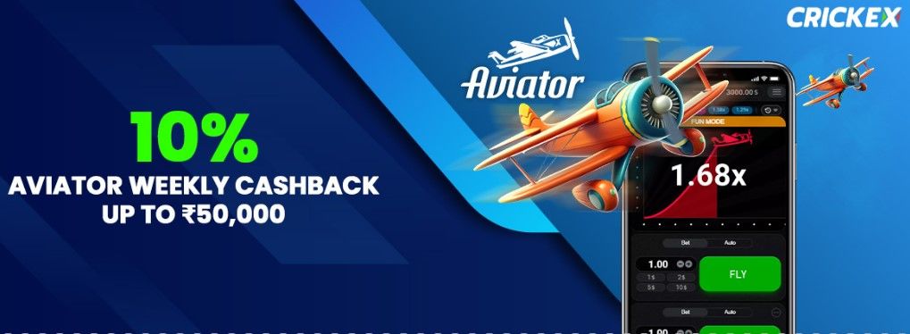 Crickex IN 10% Aviator Up To 50,000 INR Cashback Image