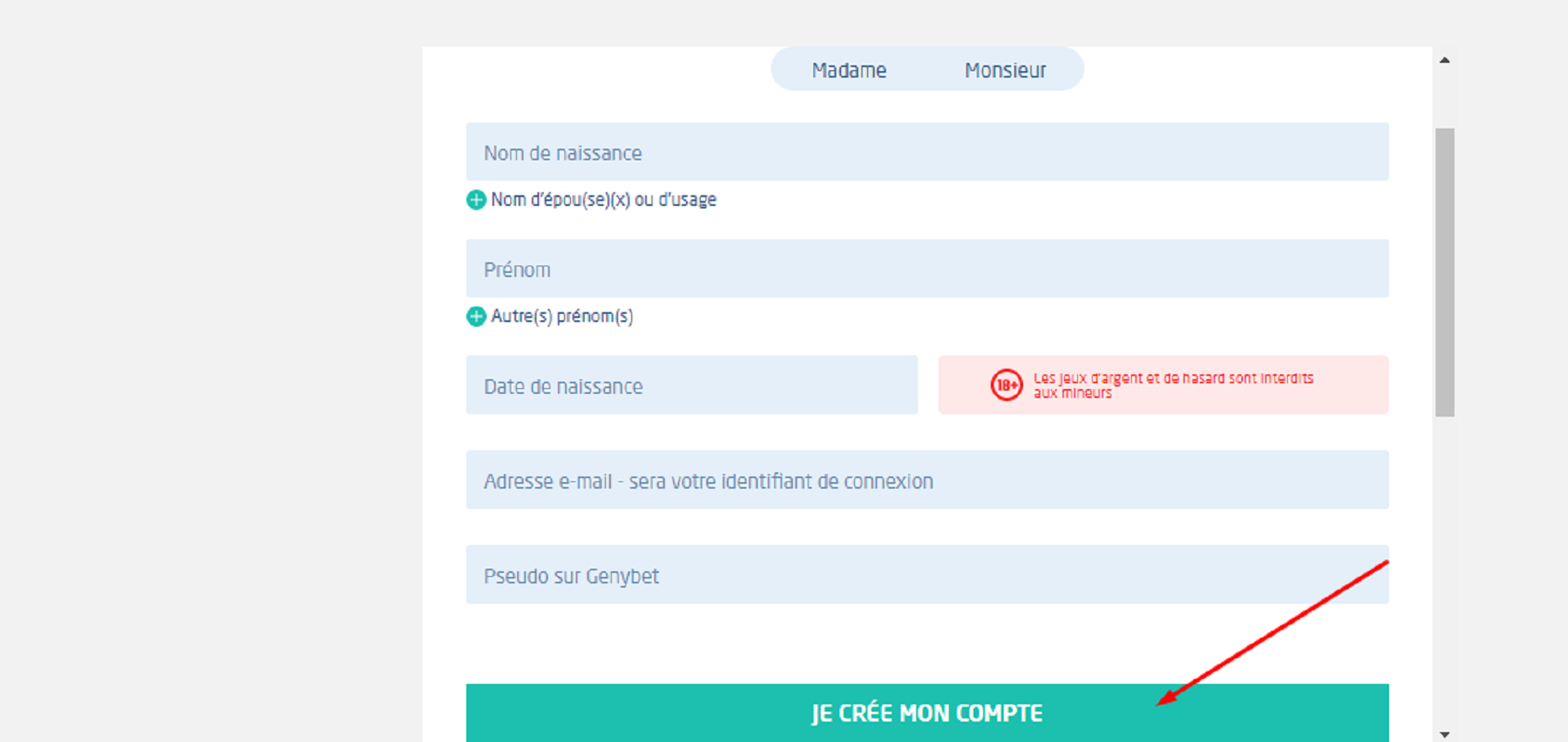 page d’inscription de Genybet